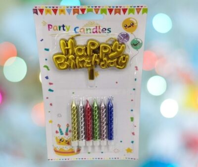Golden Happy Birthday Topper with Spiral Metallic Candles – Party Set (Yash-264)