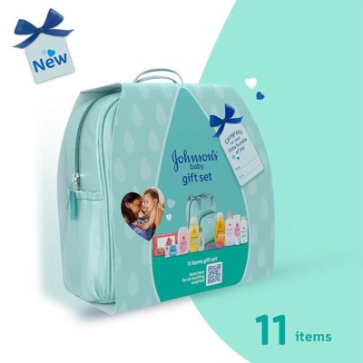 Johnson's Baby Gift Pack with Maternity Backpack/Diaper Bag | Newborn Essentials Kit for Baby Girl/Boy | 11 Baby Products Including Teal Travel Bag & Comb