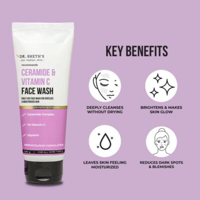Dr. Sheth's Ceramide & Vitamin C Brightening Face Wash | Gently Cleanses, Hydrates & Reduces Dark Spots | For Normal, Oily & Combination Skin | For Men & Women | 100 mL