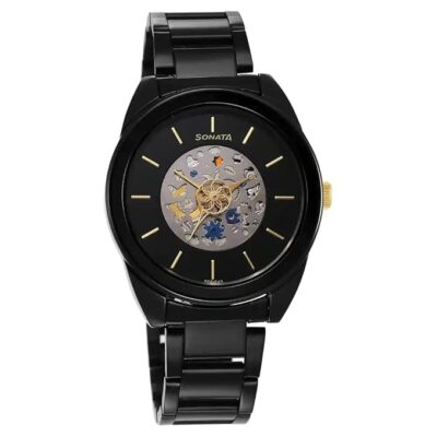 Sonata Unveil Quartz Multifunction Black Dial Stainless Steel Strap Watch for Women-8182KM01