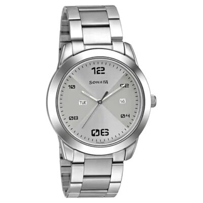 Sonata RPM Quartz Analog with Day and Date Silver Dial Stainless Steel Strap Watch for Men-NS7924SM11