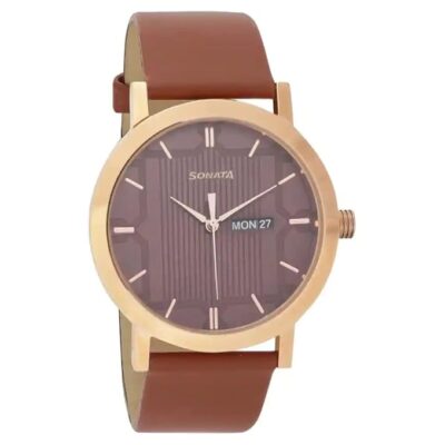 Sonata Quartz Analog with Day and Date Brown Dial Leather Strap Watch for Men-NR77108WL02