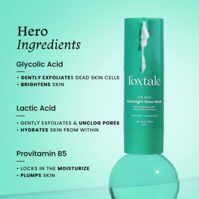 Foxtale Overnight Glow Mask | 4% Glycolic Acid | 3% Lactic Acid |Reduces Blackheads, Whiteheads | 30 Second Salon like Brightening Facial for Glowing Skin | Men & Women - 30ml