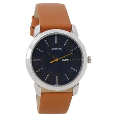 Sonata Knot Blue Dial Leather Strap Analog Watch for Men-NR77107SL01