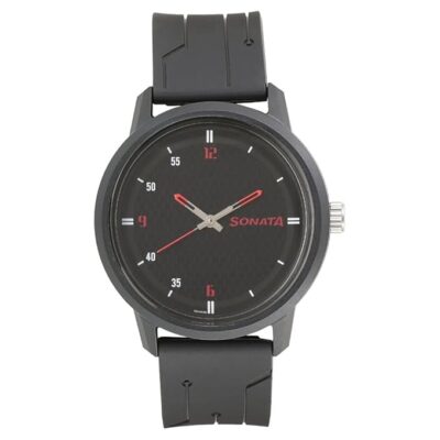 Sonata Quartz Analog Black Dial Plastic Strap Watch for Men-NS77085PP04W/NT77085PP04W