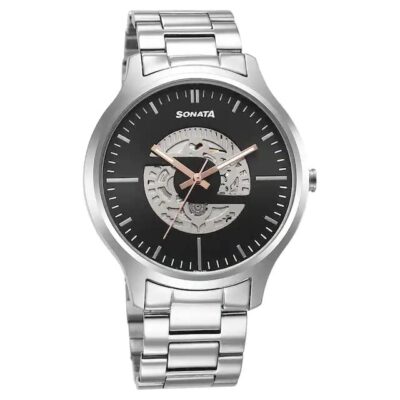 Sonata Unveil Quartz Multifunction Black Dial Stainless Steel Strap Watch for Men-7140SM03
