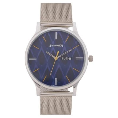 Sonata Knot Blue Dial Stainless Steel Strap Analog Watch for Men-NR77105SM04
