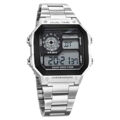 Sonata Unisex SF Hexa Metal Digital Black Dial Stainless Steel Silver Strap Watch -77134PM01W/NT77134PM01W