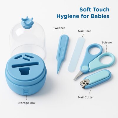 Mee Mee 4-in-1 Baby Grooming Kit- Portable Newborn Care Set with Nail Clipper, Nail Filer, Scissors & Small Tong for Safe & Easy Grooming– for Newborns, Infants & Toddlers 0M+ (Blue)