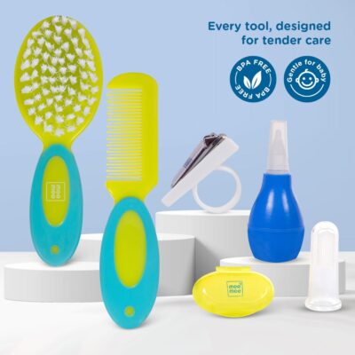 Mee Mee Premium 6 in 1 Grooming Kit for New Born Baby with Nail Clipper, Nose Cleaner, Finger Brush, Soft Hair Comb |Kids Accessories Set | Ideal for Travelling & Home Use
