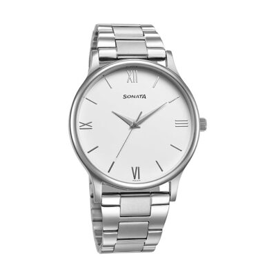 Sonata Aspire Quartz Analog White Dial Stainless Steel Strap Watch for Men-77105SM12W/NT77105SM12W