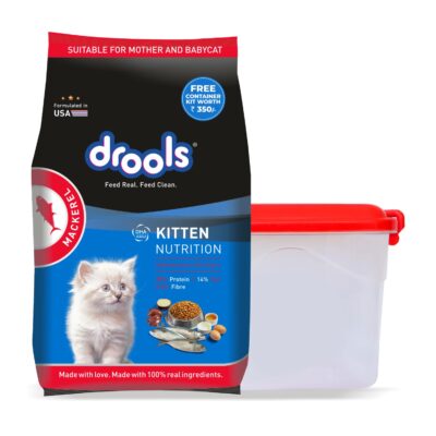 Drools Kitten Dry Cat Food, Mackerel Flavour 1 kg with Free Container Pack