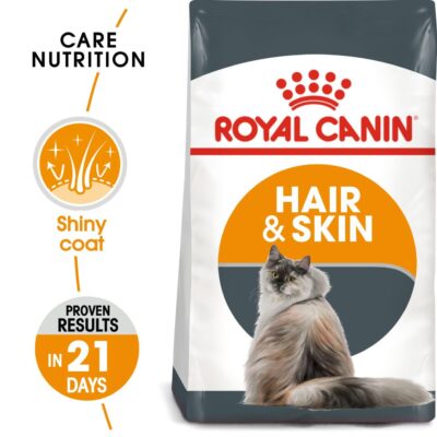Royal Canin Skin & Hair Care for Adult Cats — 400 g dry kibble specially formulated with amino acids, B‑vitamins, zinc, copper and enriched with omega‑3 and omega‑6 (from borage and fish oils). Supports skin barrier, promotes healthy hair growth, and delivers noticeable improvement in coat shine in just 21 days 