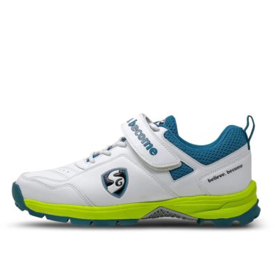 SG Century 6.0 Cricket Shoe (Color: White, Sea Green & Fluorescent Green, Size: UK10/US11/EU44) | for Mens & Boys | Material: PU & Rubber | Velcro with Laces for Flexible Performance
