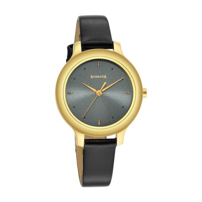 Sonata Gold Edit Grey Dial Women Analog Watch with Leather Strap-NS87042YL01W