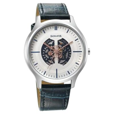 Sonata Unveil Quartz Multifunction Silver Dial Leather Strap Watch for Men-7140SL06