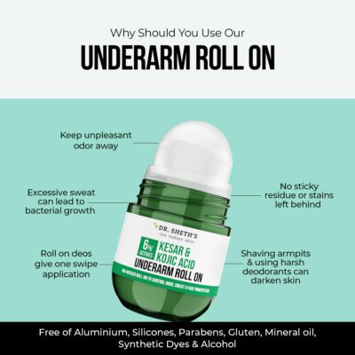 Dr. Sheth's Kesar & Kojic Underarm ROLL-ON|6% Actives-AHA,Kojic Acid & Niacinamide|Controls Body Odor,Sweat&Fades Pigmentation|For All Skin Types|Aqua Fragrance|Aluminium &Alcohol Free|For Unisex|50ml