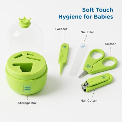 Mee Mee 4-in-1 Baby Grooming Kit- Portable Newborn Care Set with Nail Clipper, Nail Filer, Scissors & Small Tong for Safe & Easy Grooming– for Newborns, Infants & Toddlers 0M+ (Green)