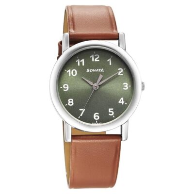 Sonata Classic Quartz Analog Green Dial Brown Leather Strap Watch for Men-7987SL04W/NT7987SL04W
