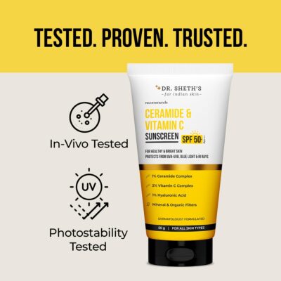 Dr. Sheth's Ceramide & Vitamin C Sunscreen | SPF 50+ Pa+++ | In-Vivo Tested | For Bright Skin & Healthy Glow | Non-Greasy, Quick-Absorbing, No White Cast | UVA/B & Bluelight Protection | For Men & Women | For All Skin Type | 50 g