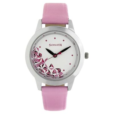Sonata Quartz Analog White Dial Leather Strap Watch for Women-NS87019SL04W/NT87019SL04W