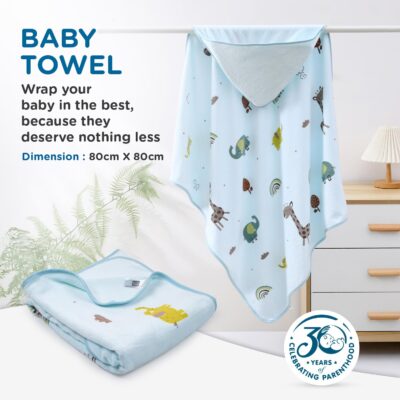 Mee Mee Hooded Baby Bath Towel for New Born | Wash Cloth, Quick Absorbent, Used for Baby Swaddling, Extra Soft Cotton Towels for Kids/Toddlers/Infants/Babies, Pack of 1, (Blue Deer/Elephant) 80X80 CM