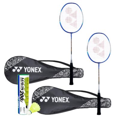 YONEX ZR 100 Light Badminton Combo (Set of 2 ZR 100 Aluminum Light Badminton Racquet with Full Cover Blue + Mavis 200I Shuttlecock Pack of 6)