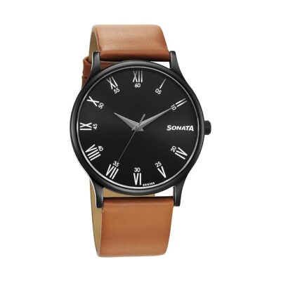 Sonata Aspire Quartz Analog Black Dial Leather Strap Watch for Men-77105NL13W/NT77105NL13W