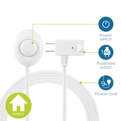 Philips Accessories, White, Philips Plug Foot Switch, 9 Ft Long Cable, One Polarized Outlet, On/Off Switch, Perfect for Holiday/Christmas Indoor Lighting, SPS1036WF/37