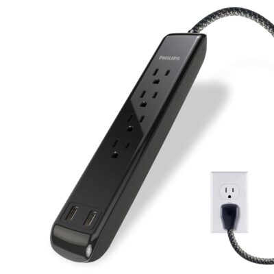 Philips 4 Outlet Power Strip Surge Protector with 2 USB Ports, 4 Ft Power Cord, Designer Braided Extension Cord, Flat Plug Extension Cord, Perfect for Office or Home DÃƒ©cor, 720 Joules, 2.4A USB, SPC62