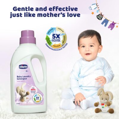 Chicco Baby Liquid Laundry Detergent, 5X Stain & Germ Fighter, Kills 99% Of Germs, Dermatologically Tested For Effective & Gentle Cleaning, Delicate Flowers (1 L)