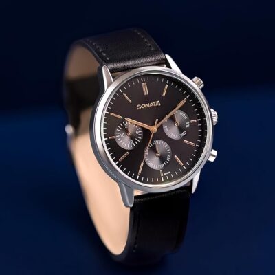 Sonata Quartz Multifunction Black Dial Black Leather Strap Watch for Men