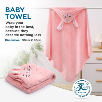 Mee Mee Hooded Baby Bath Towel for New Born | Wash Cloth, Quick Absorbent, Can be Used for Baby Swaddling, Extra Soft Cotton Towels for Kids/Toddlers/Infants/Babies, Pack of 1, (Pink Rabbit) 80X80 CM