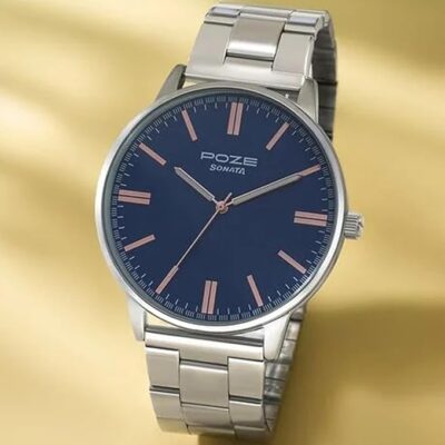 Sonata Poze Quartz Analog Blue Round Dial Silver Metal Strap Watch for Men