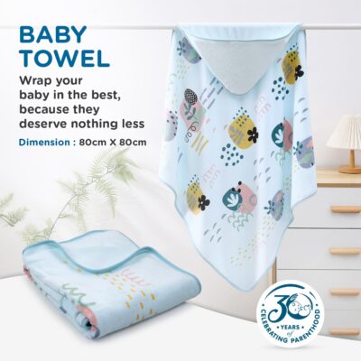 Mee Mee Hooded Baby Bath Towel for New Born | Wash Cloth, Quick Absorbent, Can be Used for Baby Swaddling, Extra Soft Cotton Towels for Kids/Toddlers/Infants/Babies, Pack of 1, (Blue Rain) 80X80 CM
