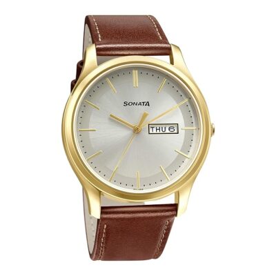 Sonata Quartz Analog with Day and Date Champagne Dial Leather Strap Watch for Men-NS77082YL06W/NT77082YL06W