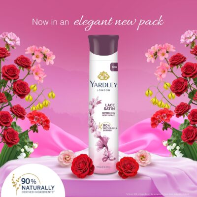 Yardley London Lace Satin Perfumed Deodorant Body Spray| Fresh Floral Scent| 90% Naturally Derived| Deo Spray| Body Deodorant for Women| 150ml