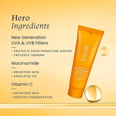 Foxtale SPF 50 Vitamin C Glow Sunscreen with PA++++ & Niacinamide | Lightweight | Fast Absorbing | UVA and UVB Filters | Prevents Tanning | No White Cast | Non-Greasy | For Men & Women | All Skin Types | 50 Ml