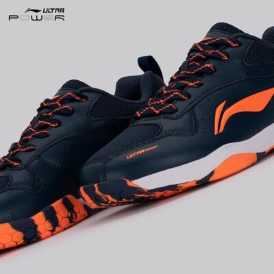 Li-Ning Men Ultra Power Non-Marking Badminton Shoe|Indoor Sports|Stability Heel, Prototypical Sole, Lightweight (Navy/Orange,UK 1)