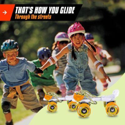 Click to see full view Vicky Mars Roller Skate Stylish Size Adjustable Unisex Skates with Brakes & Fibre Roll 4 Wheels for Indoor and Outdoor Skating (21-28 cm, Orange)