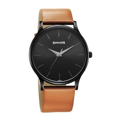 Sonata Aspire Quartz Analog Black Dial Leather Strap Watch for Men-NS77105NL09W/NT77105NL09W