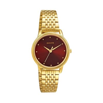 Sonata Gold Edit Maroon Dial Women Analog Watch with Stainless Steel Strap-NS8175YM03