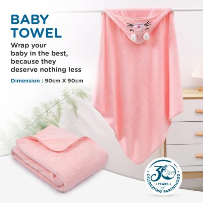 Mee Mee Hooded Baby Bath Towel for New Born | Wash Cloth, Quick Absorbent, Can be Used for Baby Swaddling, Extra Soft Cotton Towels for Kids/Toddlers/Infants/Babies, Pack of 1, (Pink Cat) 80X80 CM