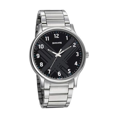 Sonata Smart Plaid Quartz Analog Black Dial Stainless Steel Strap Watch for Men-NR77105SM02W/NT77105SM02W
