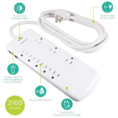Philips 8 Outlet Power Strip Surge Protector, 8ft Extra-Long Power Cord, Flat Plug, Wall Mount, 2160 Joules, ETL Listed, Circuit Breaker, Automatic Shutdown, White, SPP3086WB/37