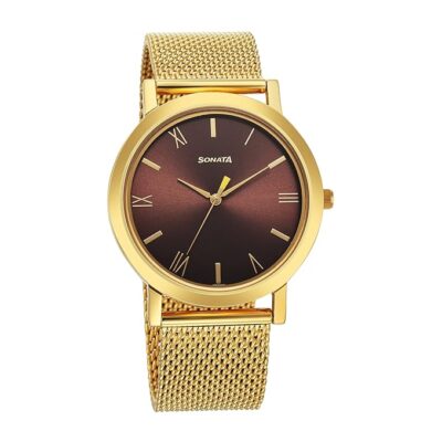 Sonata Utsav Quartz Analog Brown Dial Watch for Men-NS77108YM08