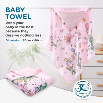 Mee Mee Hooded Baby Bath Towel for New Born | Wash Cloth, Quick Absorbent, Can be Used for Baby Swaddling, Extra Soft Cotton Towels for Kids/Toddlers/Infants/Babies, Pack of 1, (Pink Flowers) 80X80 CM