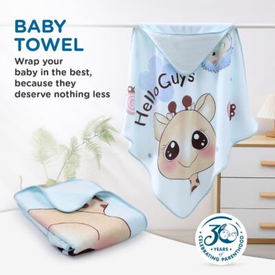 Mee Mee Hooded Baby Bath Towel for New Born | Wash Cloth, Quick Absorbent, Can be Used for Baby Swaddling, Extra Soft Cotton Towels for Kids/Toddlers/Infants/Babies, Pack of 1, (Blue Animals) 80X80 CM