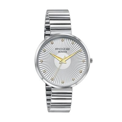 Sonata Poze Quartz Analog White Dial Metal Strap Watch for Women