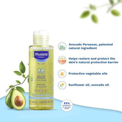 Mustela Baby Massage Oil - 100ml | Nourishing & Relaxing Massage Oil for Delicate Baby Skin | Clinically Tested, Hypoallergenic & Paraben-Free | Gentle Care for Sensitive Skin
